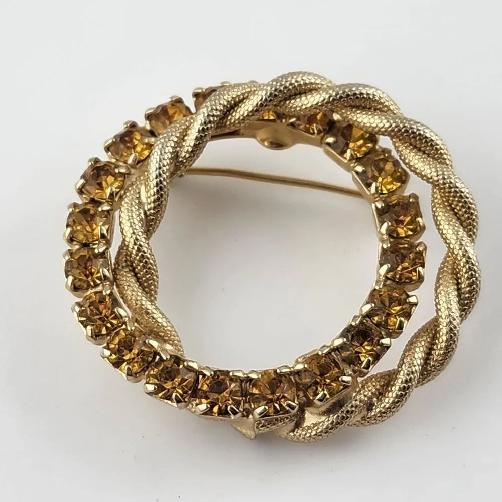 Vintage‎ Double Circle Brooch, Golden Rhinestones, Twisted, 1.5